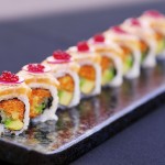 Salmon & scallop maki roll, tobiko, smoked daikon and beetroot caviar