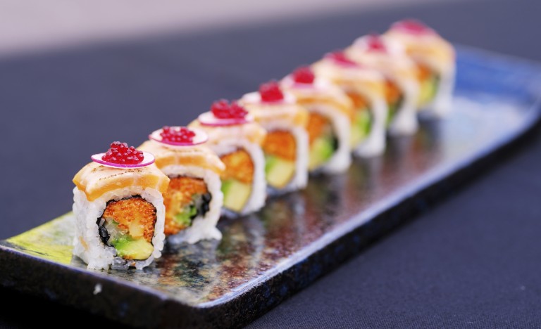 Salmon & scallop maki roll, tobiko, smoked daikon and beetroot caviar